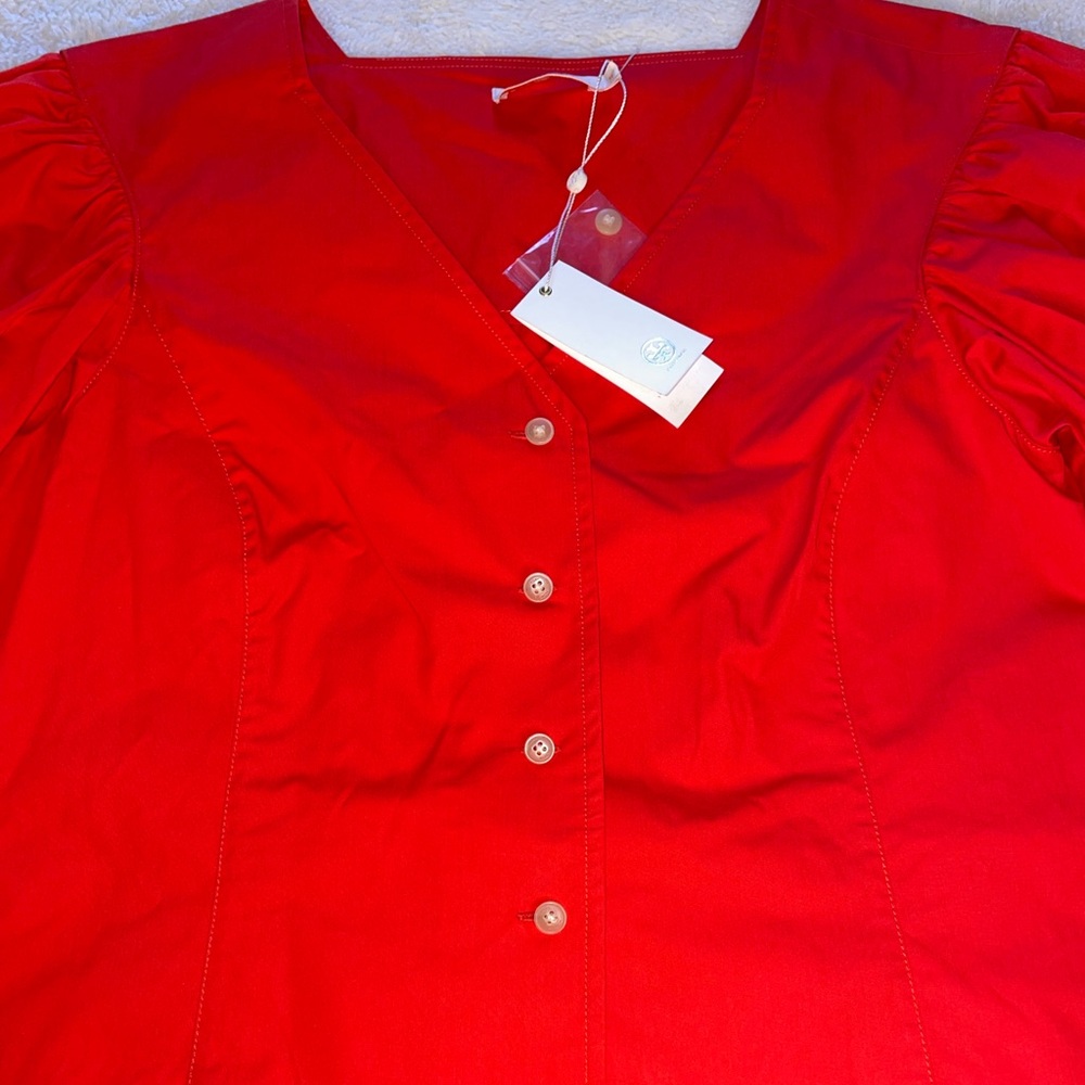 Tory Burch Red Cotton Puff Sleeve Button Up Blouse - Picture 3 of 7